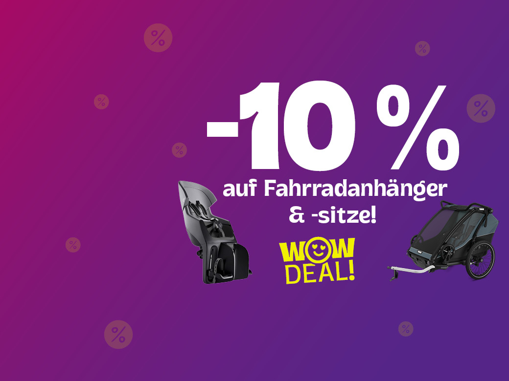 -10% auf Fahrradanhänger und -sitze. Ein Fahrradsitz und ein Fahrradanhänger abgebildet. WOW Deal.