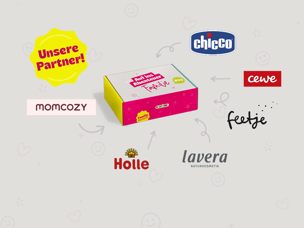 Unsere Partner: Welcome Box abgebildet. Little One, lavera, momcozy, Holle, chicco, cewe und feetje.