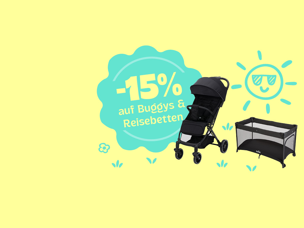 Reisebett und Buggy auf gelben Hintergrund. -15% auf Buggys und Reisebetten.
