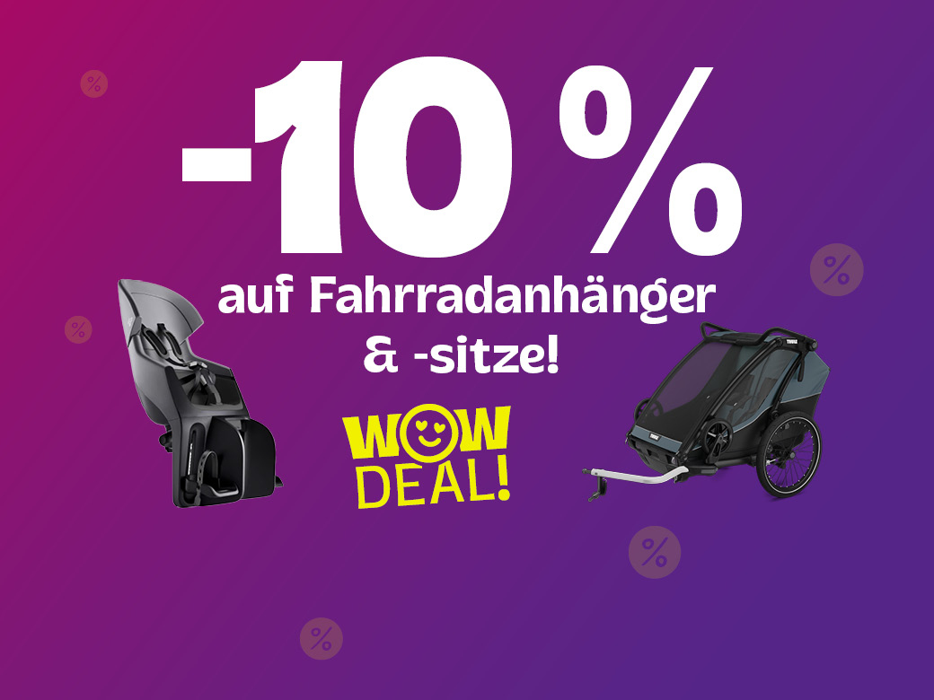 -10% auf Fahrradanhänger und -sitze. Ein Fahrradsitz und ein Fahrradanhänger abgebildet. WOW Deal.