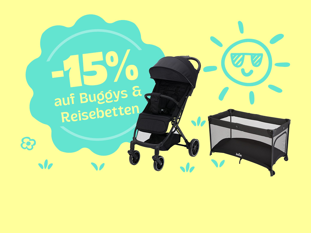Reisebett und Buggy auf gelben Hintergrund. -15% auf Buggys und Reisebetten.