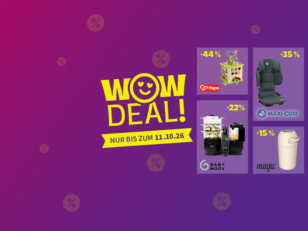 WOW Deal nur bis 11.10.26. Windeleimer 15%, Kindersitze 35%, Nahrungszubereiter 22%, Motorikwürfel 44% abgebildet auf lila Hintergrund.
