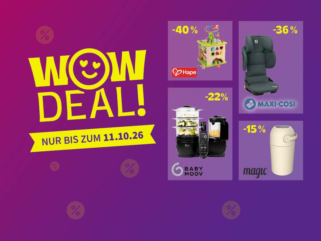 WOW Deal nur bis 11.10.26. Windeleimer 15%, Kindersitze 36%, Nahrungszubereiter 22%, Motorikwürfel 40% abgebildet auf lila Hintergrund.
