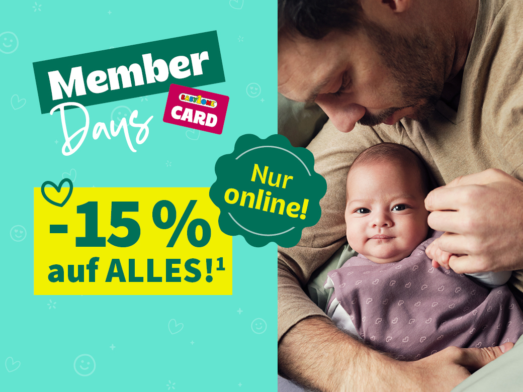 Member Days! Nur online! -15% auf Alles¹ mit der BabyOne-Card. Vater hält Baby im Arm.
