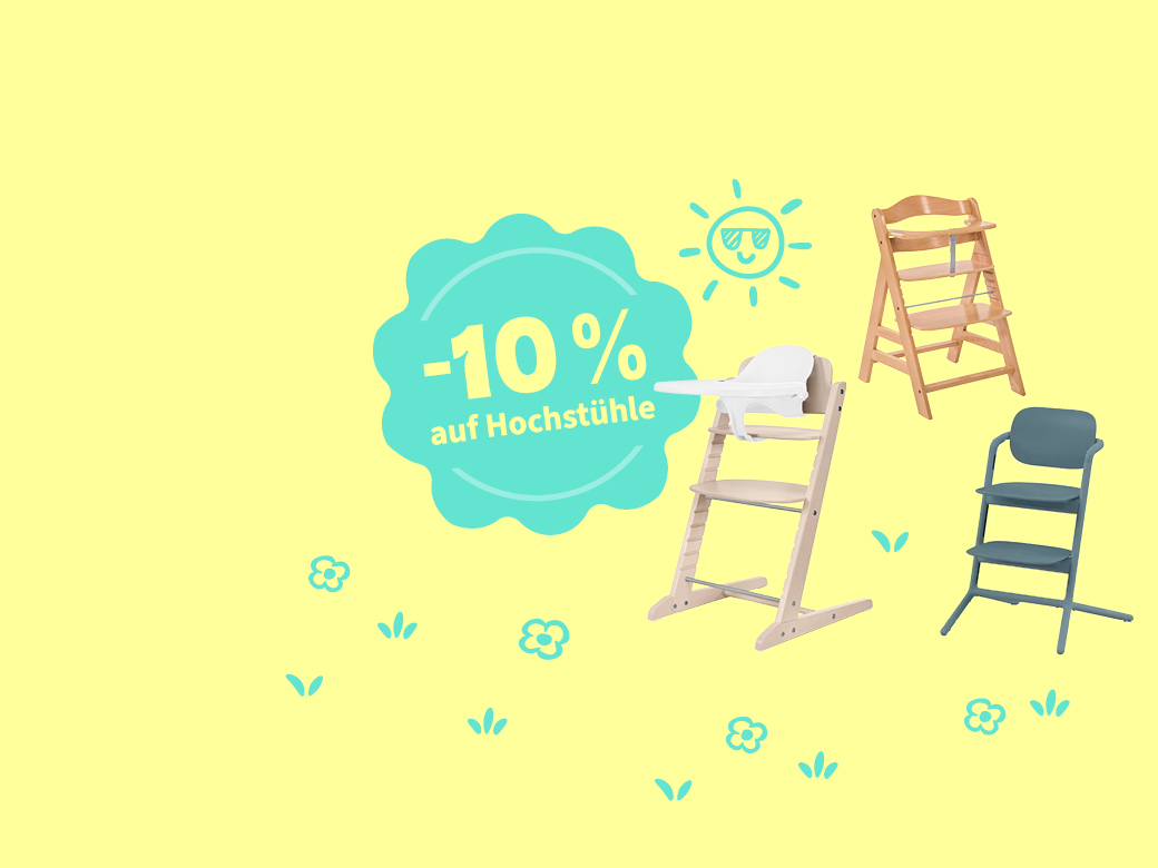 -10% Rabatt auf Hochstühle. Verschiedene Modell abgebildet auf gelbem Hintergrund.
