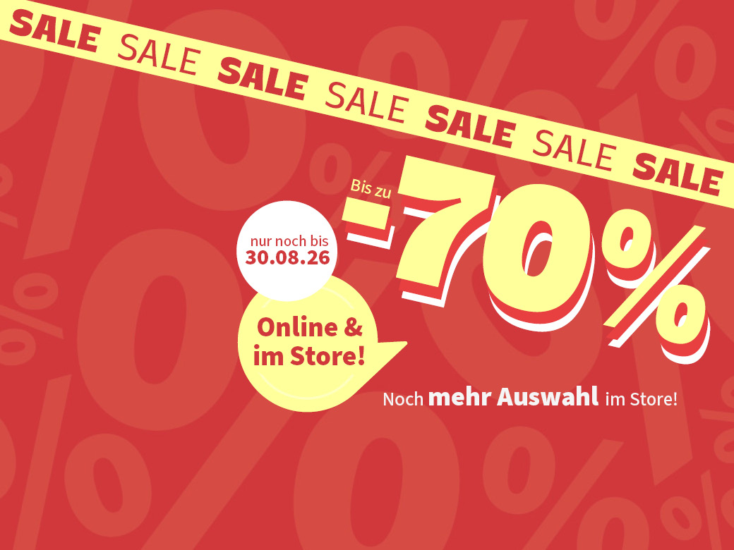 Summersale online und im Store. Bis zu -70%. Noch mehr Auswahl im Store. Nur noch bis 30.08.26. Gelbe Schrift auf rotem Hintergrund.