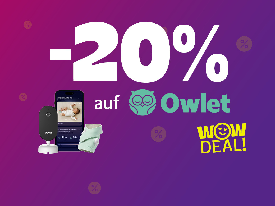 WOW Deal! 20% auf Owlet. Söckchen, Videobabyphone auf lila Hintergrund abgebildet.