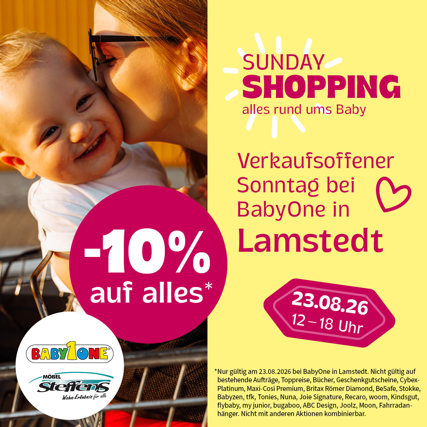 Verkaufoffener Sonntag bei BabyOne Lamstedt am 23.08.26 von 12-18 Uhr mit -10% Rabatt auf alles