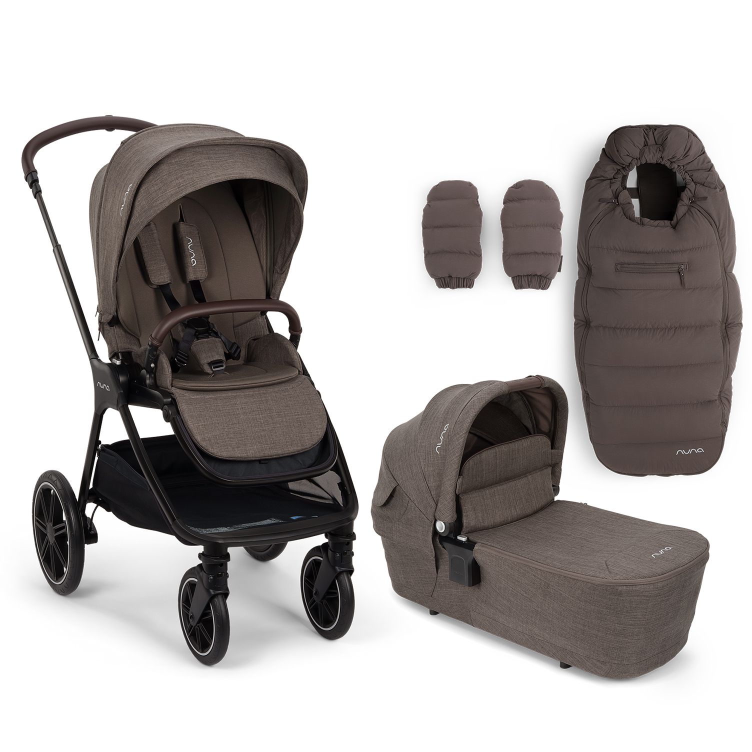 Kombi-Kinderwagen, nuna, Braun – Besonderheit: Set bestehend aus Kinderwagen, Babywanne, Regenverdeck, Fußsack und Handschuhe sowie Babyschalenadapter
