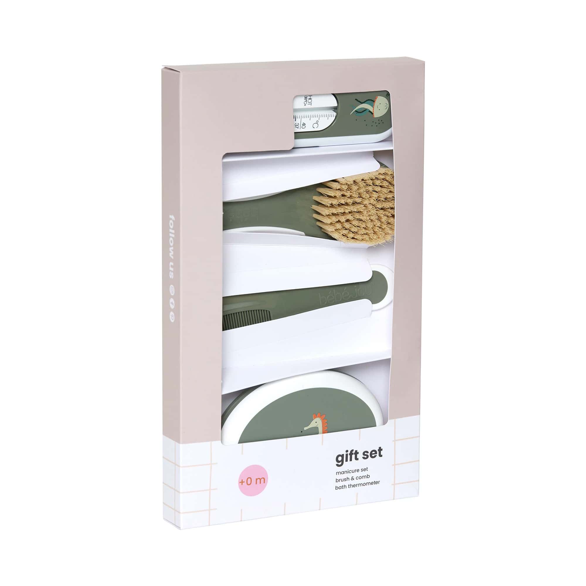 Babypflege-Sets, bébé-jou, Grün – Besonderheit: enthält Kamm, Bürste, Maniküre-Set und Badethermometer