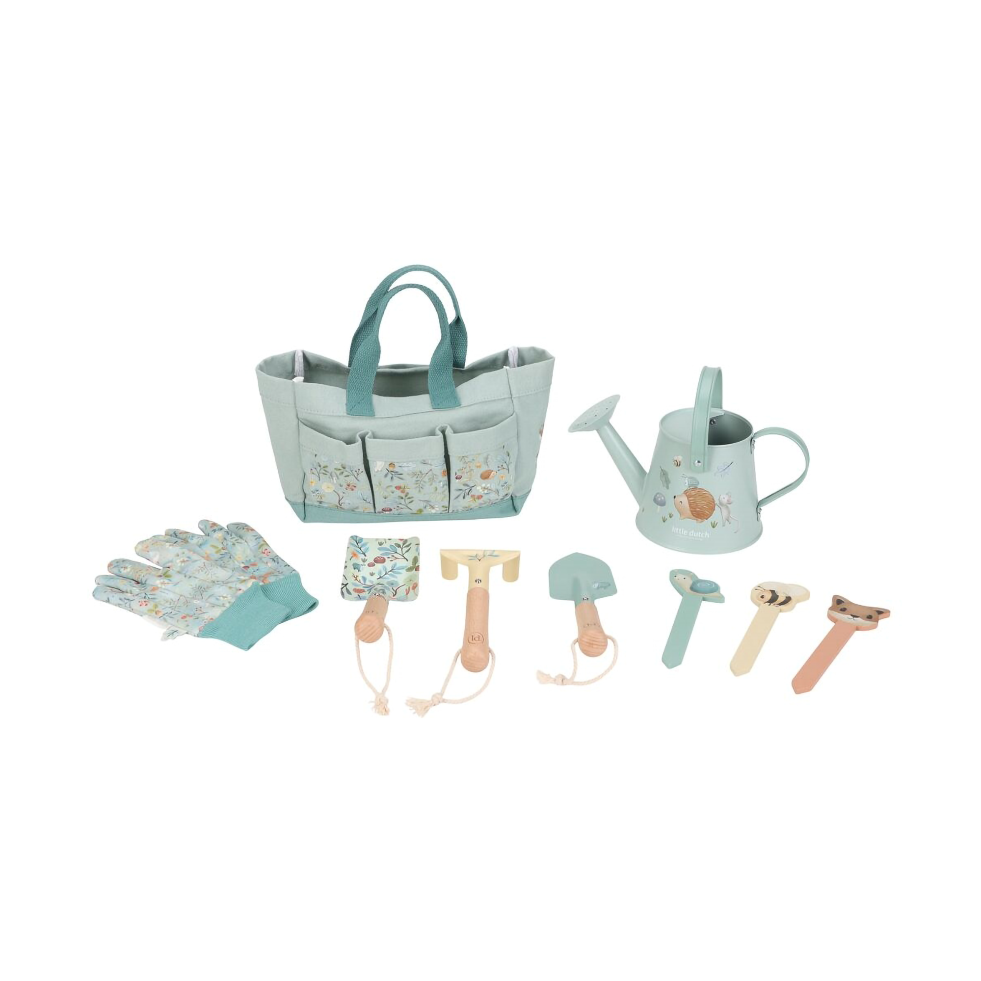 Gartenspielzeug, LITTLE DUTCH, Blau – Besonderheit: 10-teiliges Set bestehend aus Gießkanne, Werkzeugset, 2 Handschuhe, Gartenschere, hölzerne Gartenstecher