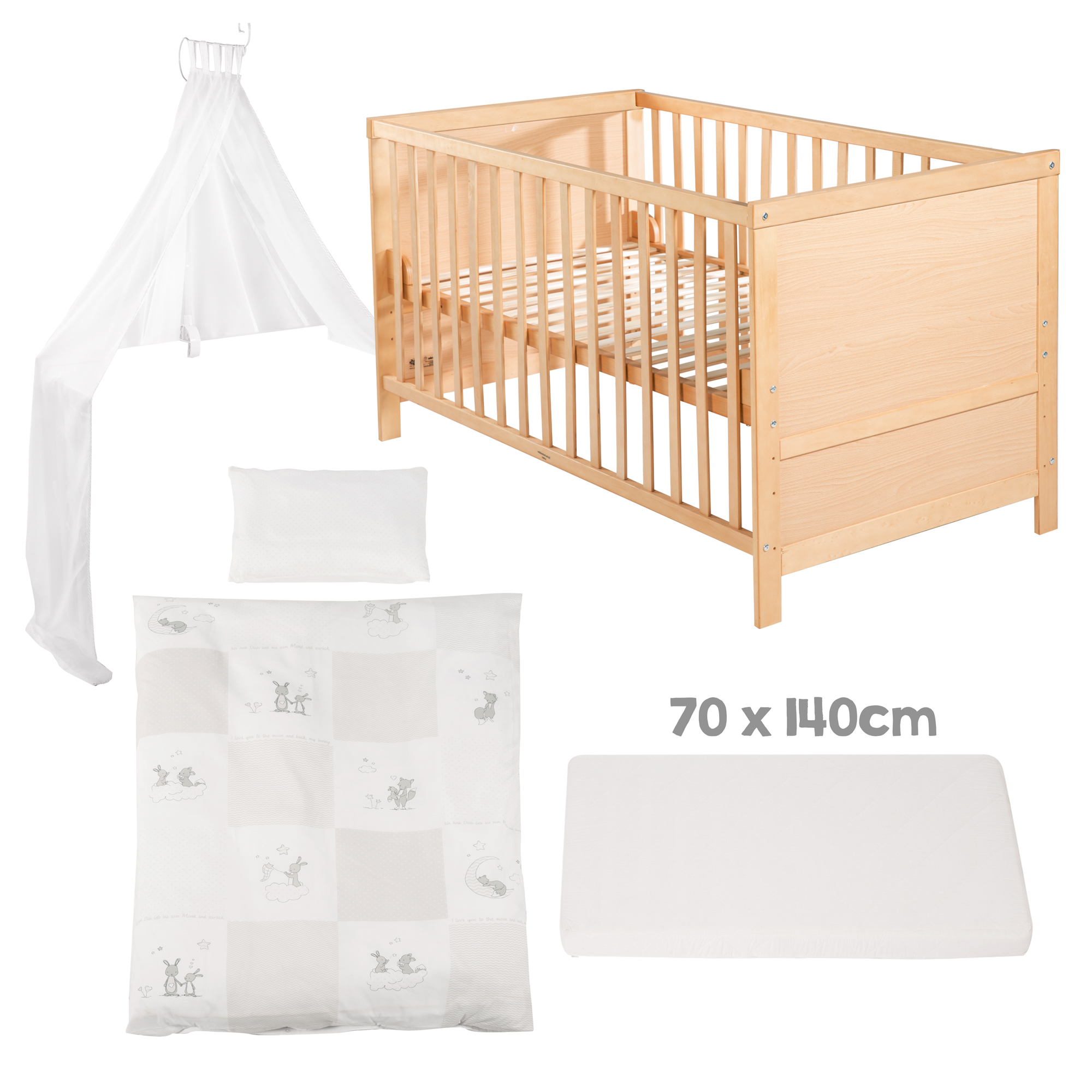 Gitterbetten, LITTLE ONE, Braun – Besonderheit: Set mit Gitterbett, Matratze, Bettbezug und Himmel