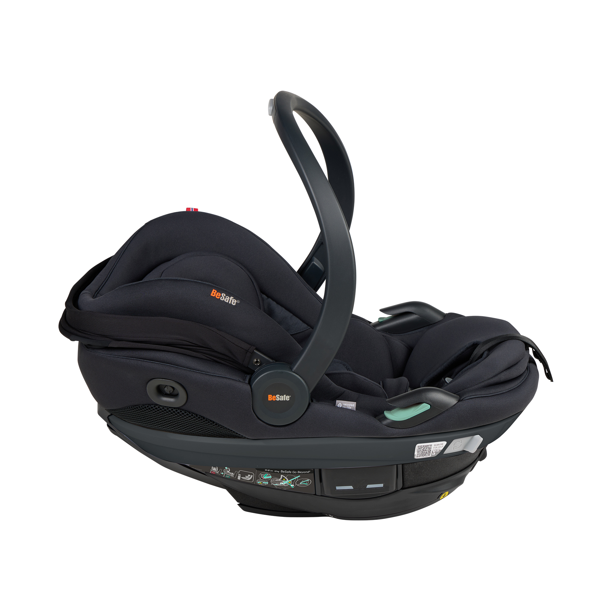 Babyschalen 0-13 kg, Gruppe 0+, BeSafe, Schwarz – Besonderheit: Active Lay Flat™-Funktion, Liegefunktion die sich bei einem Unfall automatisch in eine aufrechte Position bewegt