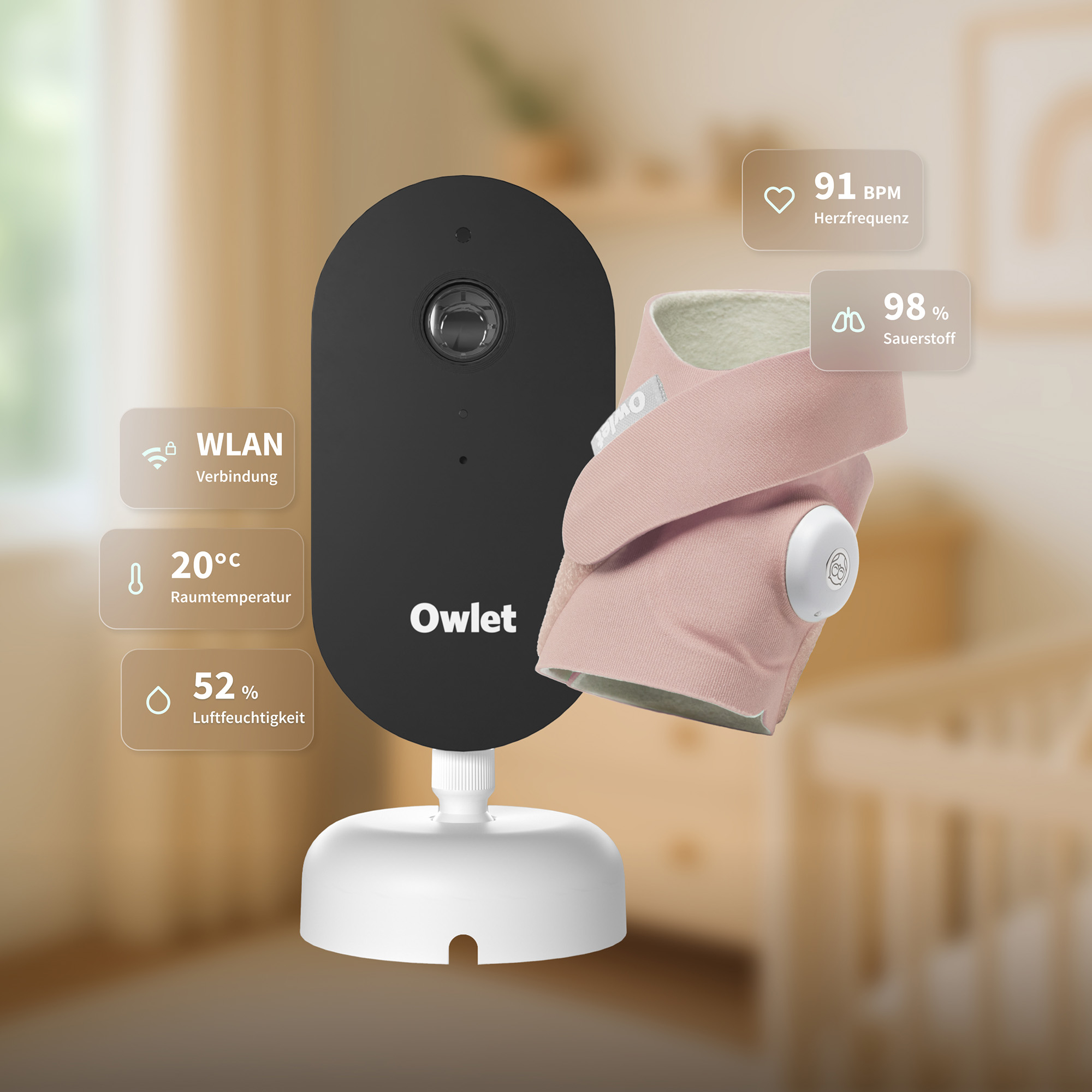 Video Babyphone, Owlet, Pink – Produktansicht