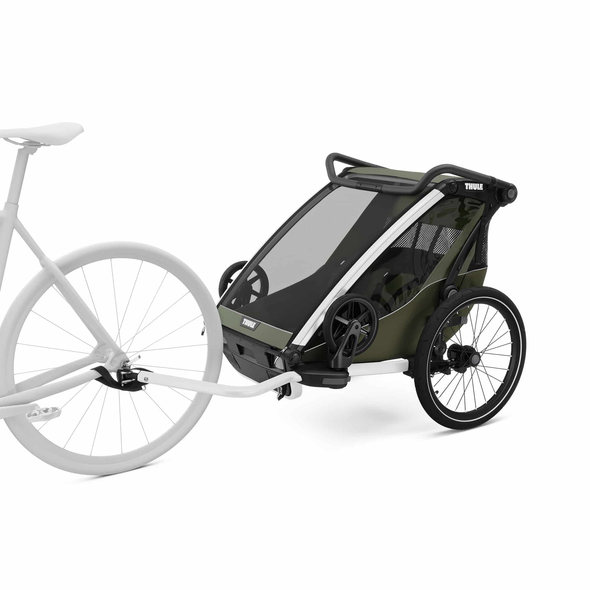 Fahrradanhänger, THULE, Grün – Besonderheit: kann als Buggy, Jogger, Fahrradanhänger oder zum Skifahren genutzt werden