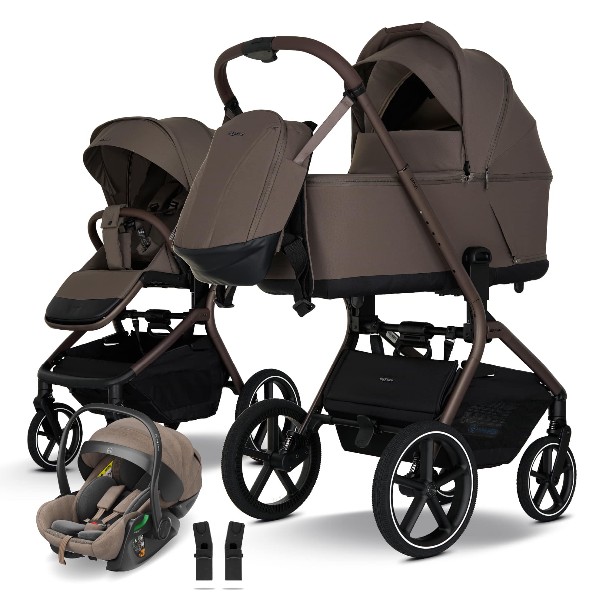 My junior, Braun – Besonderheit: Set bestehend aus Kombi-Kinderwagen, Babyschale und passenden Adaptern