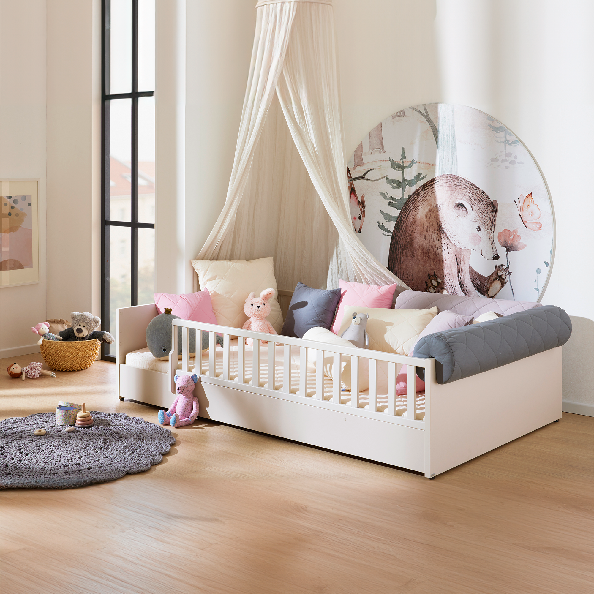 Bodenbetten, PAIDI, Beige – Besonderheit: bodennahes Montessori-Bett mit ringsum Schutz