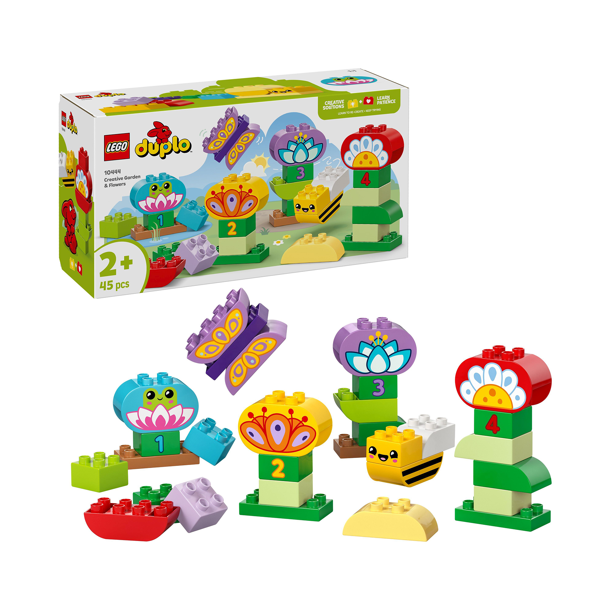 Konstruktionsspielzeug, LEGO – Besonderheit: Stapelspielzeug mit bunten Blumen, Schmetterling, Biene und Frosch