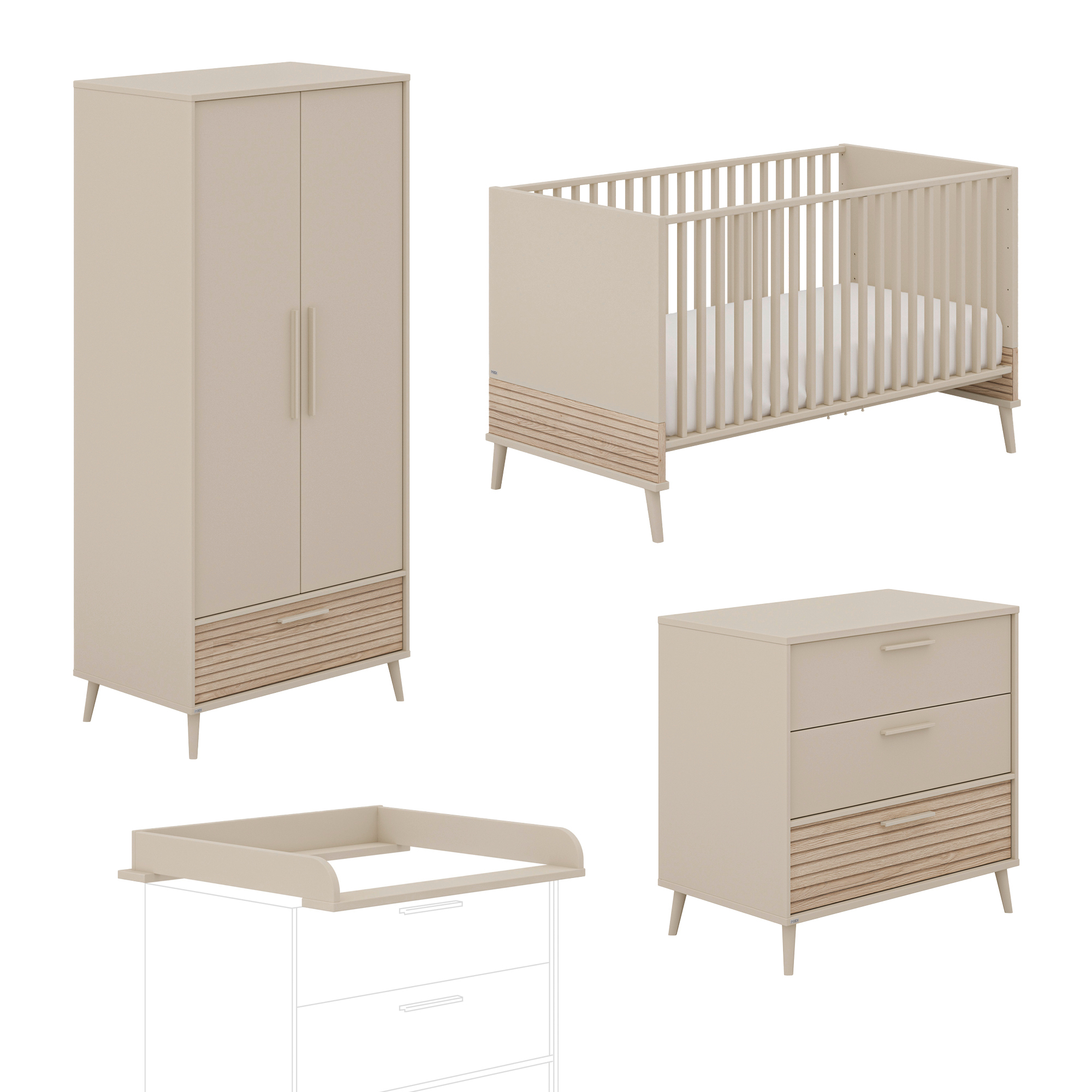 Babyzimmer Sets, PAIDI, Beige – Besonderheit: Set bestehend aus einem Babybett, einem 2-türigem Kleiderschrank, einer schmalen Wickelkommode und einem passenden Wickelaufsatz
