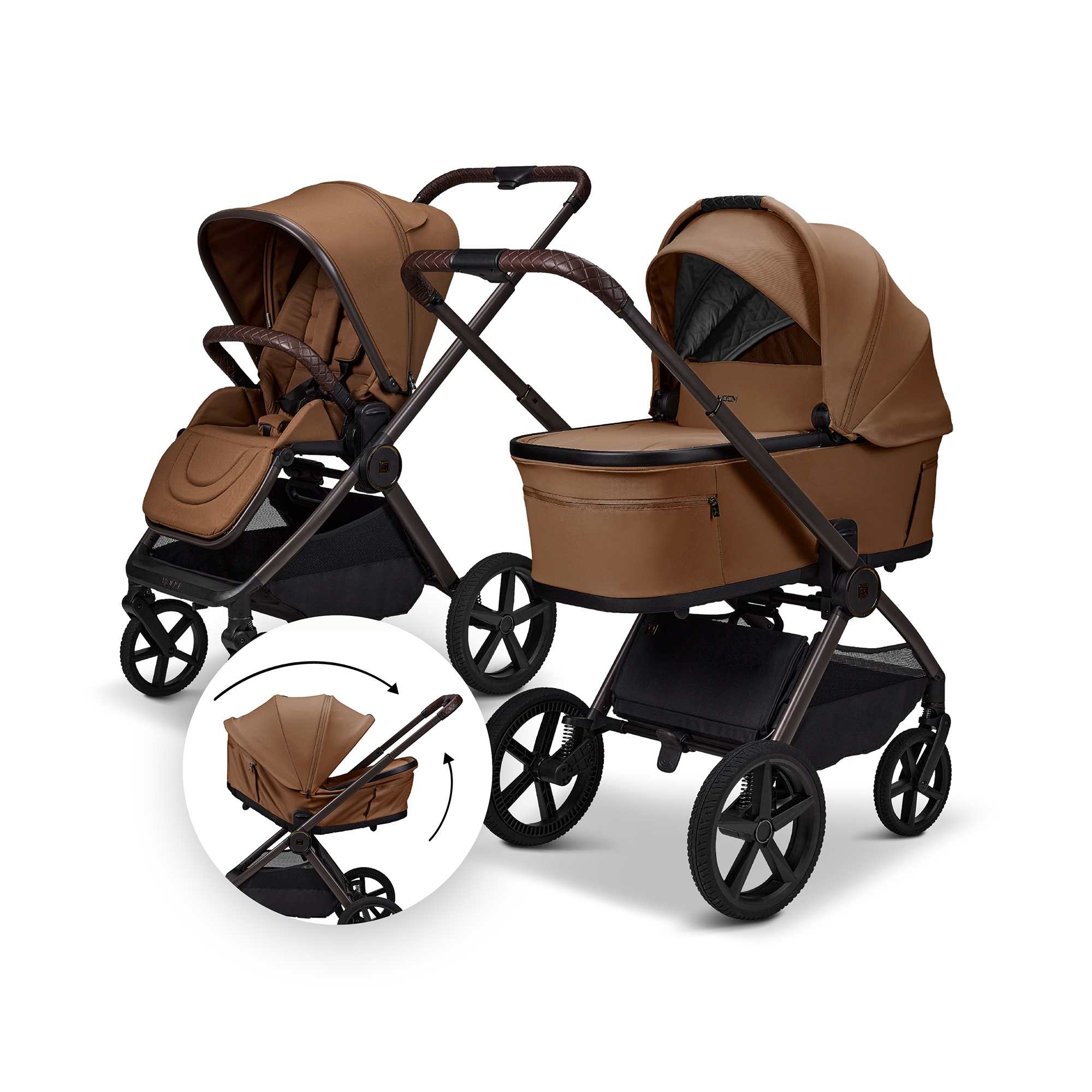 Kombi-Kinderwagen, MOON, Braun – Besonderheit: zusammenfaltbar mit Babywanne  oder Sportsitz auf dem Gestell