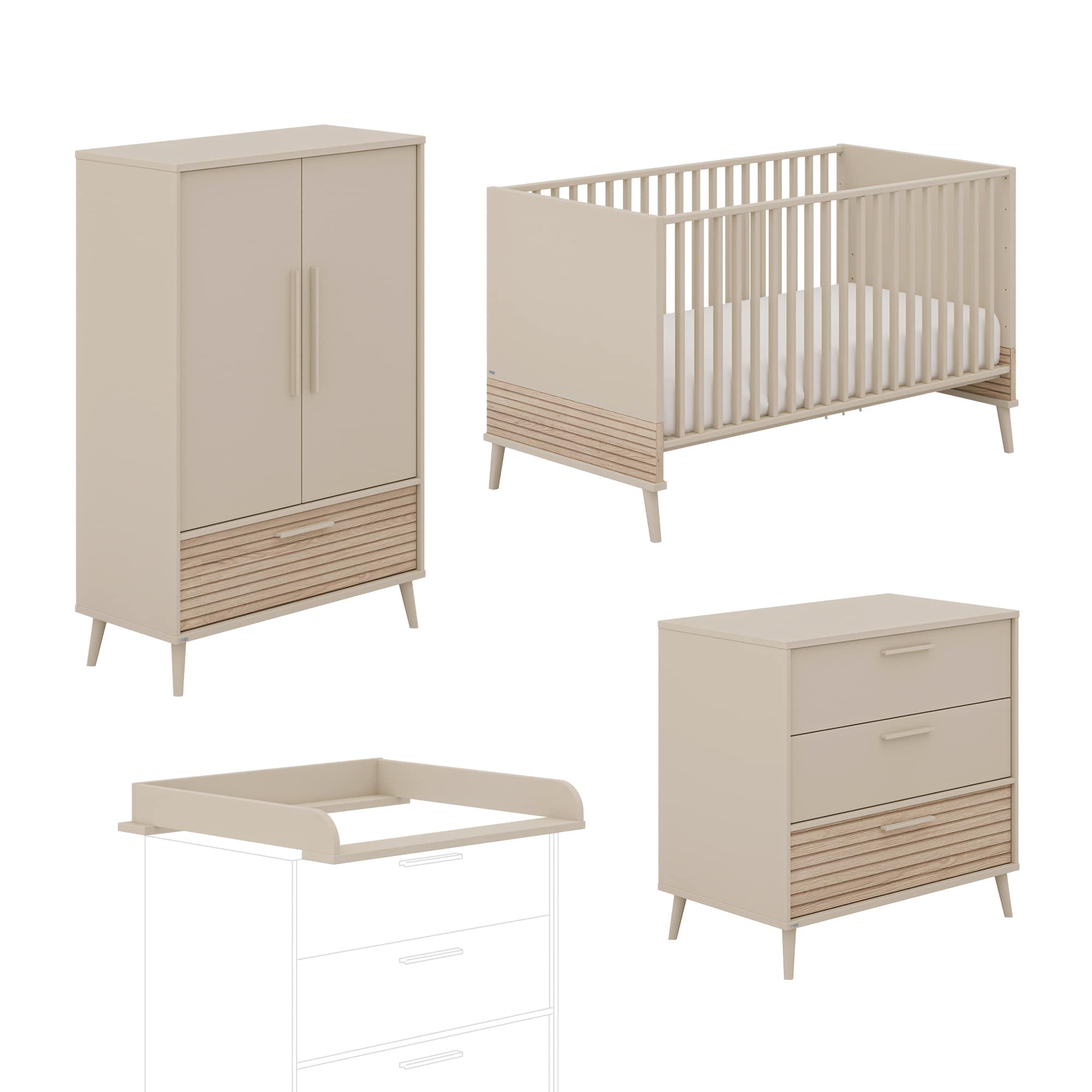 Babyzimmer Sets, PAIDI, Beige – Besonderheit: Set bestehend aus einem Babybett, einem 2-türigem Kleiderschrank, einer schmalen Wickelkommode und einem passenden Wickelaufsatz