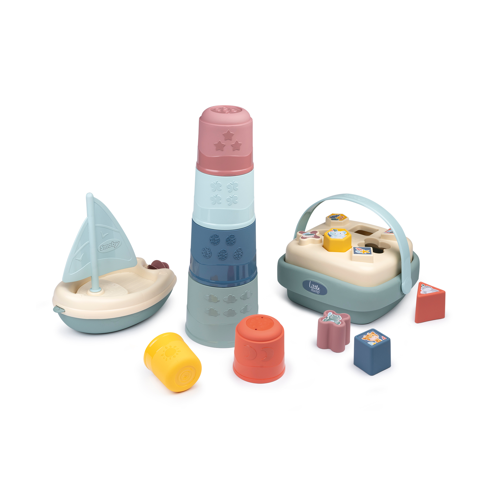 Smoby, Mehrfarbig – Besonderheit: mit Stapelpyramide, Formsteckspiel-Korb und Badespielzeug Segelboot
