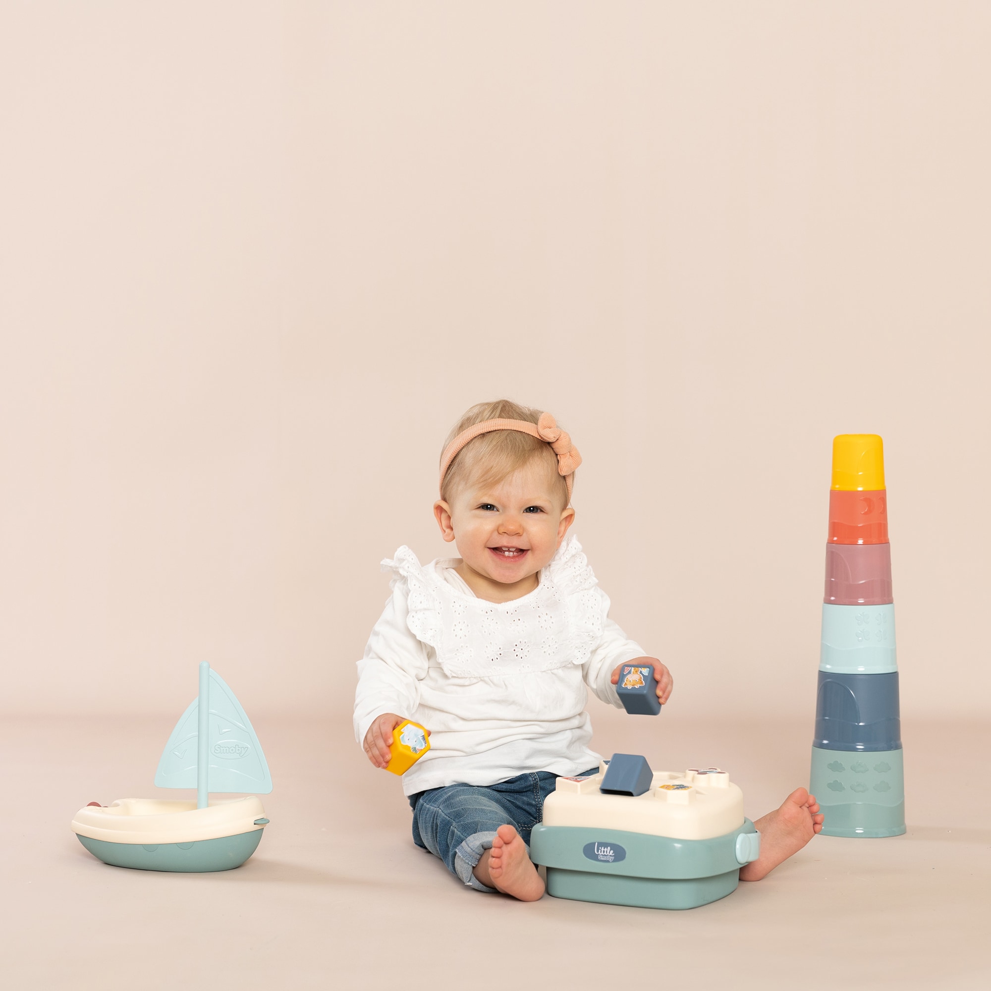 Bausteine, Smoby, Mehrfarbig – Besonderheit: mit Stapelpyramide, Formsteckspiel-Korb und Badespielzeug Segelboot