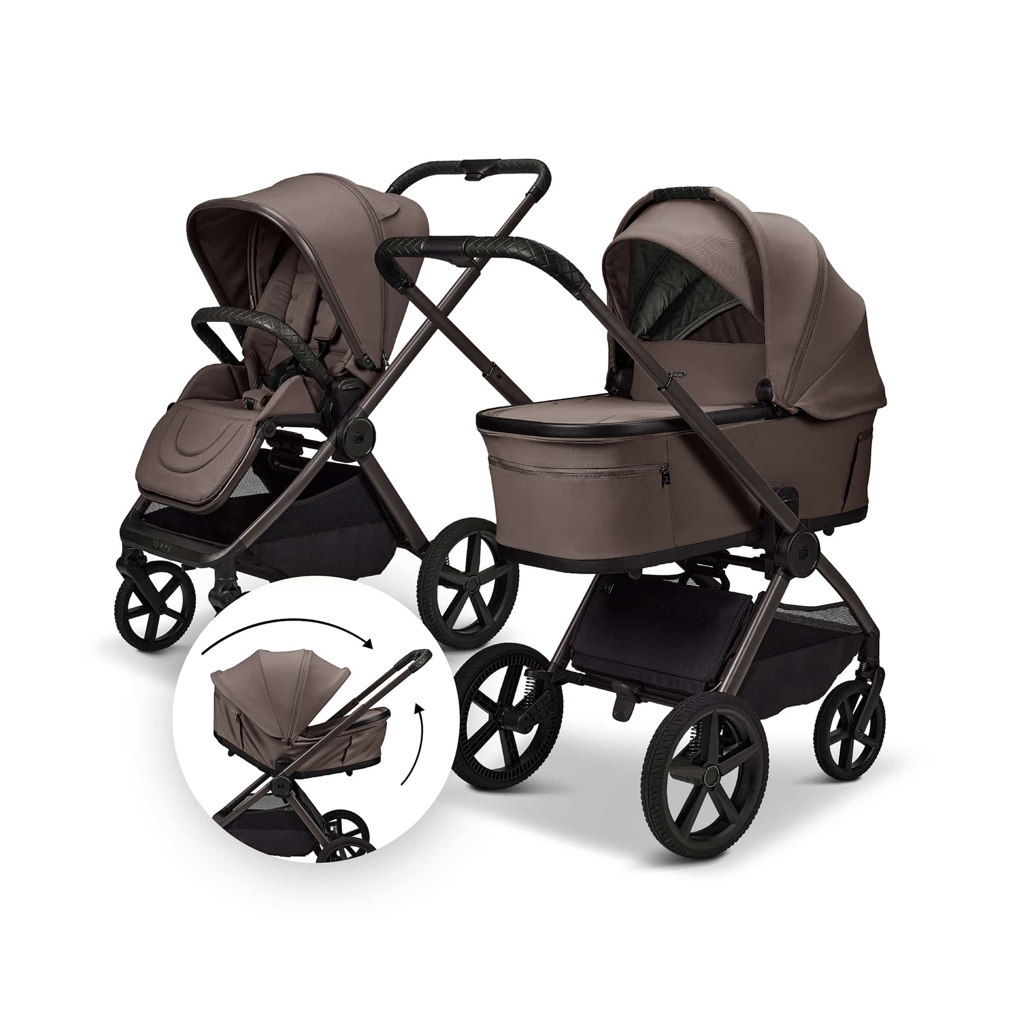 Kombi-Kinderwagen, MOON, Beige – Besonderheit: zusammenfaltbar mit Babywanne  oder Sportsitz auf dem Gestell