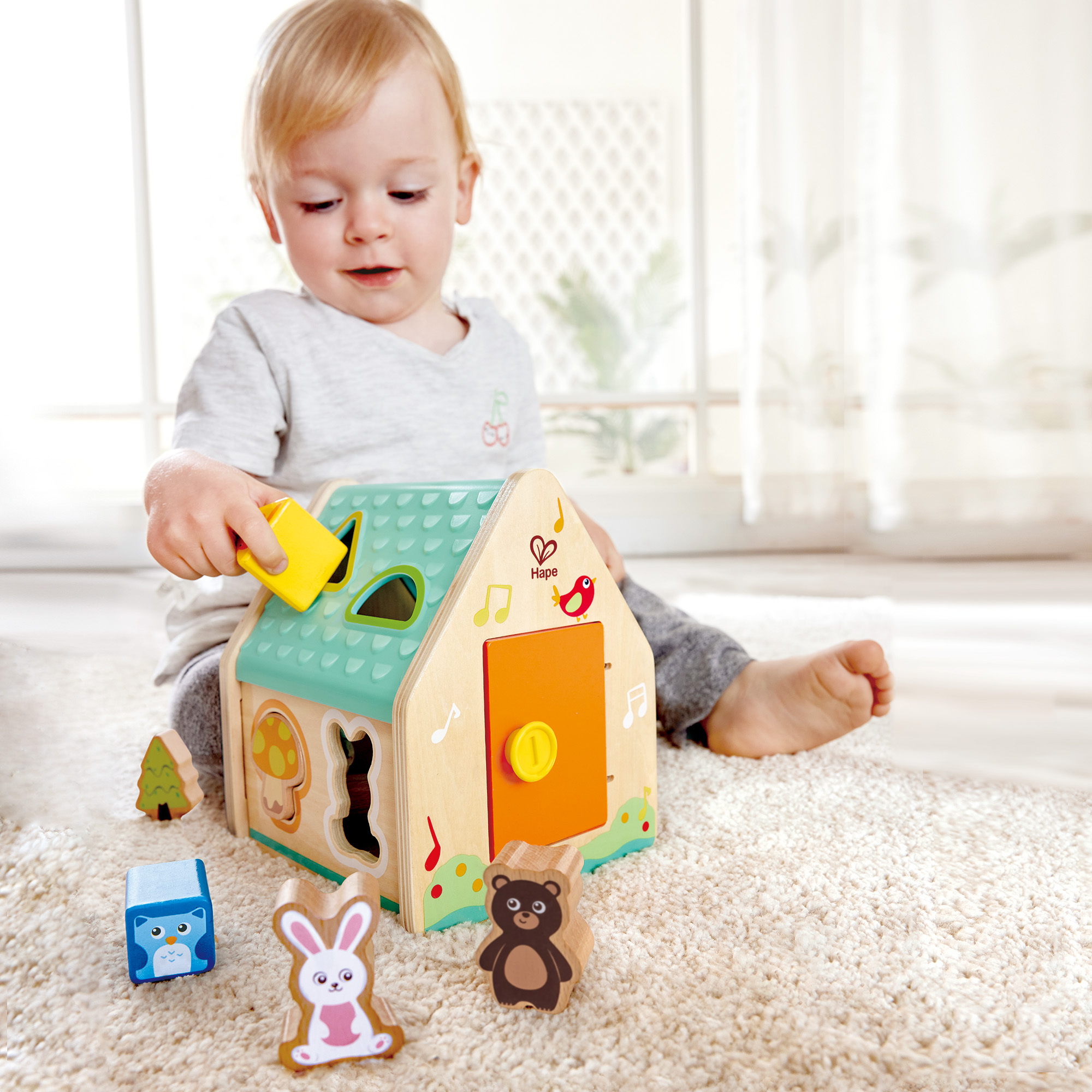 Steckspielzeug, Hape, Mehrfarbig – Besonderheit: enthält ein Haus, vier geometrische Blöcke und vier tierförmige Blöcke
