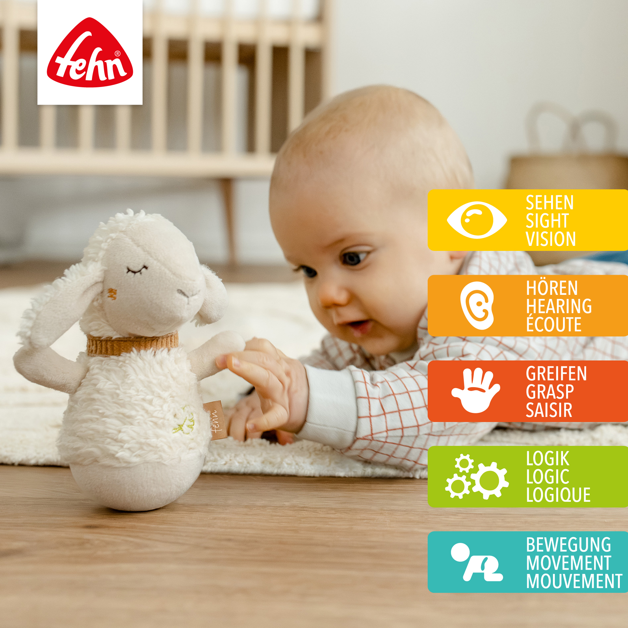 Kuscheltiere, fehn, Weiß – Besonderheit: mit Glöckchen und lustiger Stehauf-Funktion