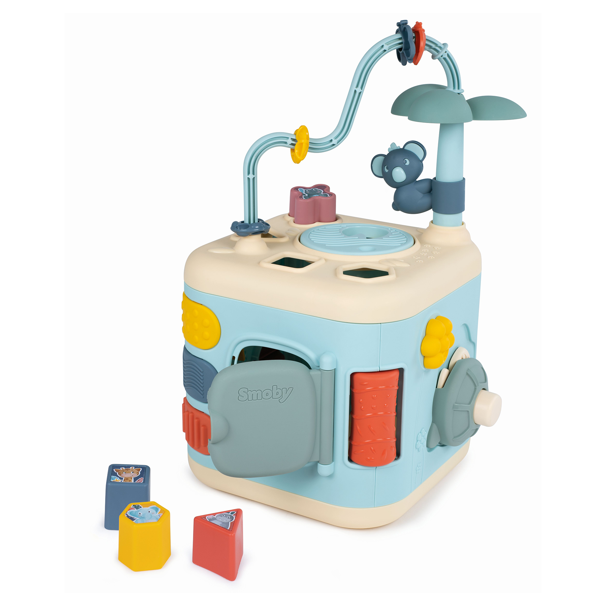 Motorikwürfel, Smoby, Blau – Besonderheit: mit Motorikschleife, Zahnrädern, Steckspiel und Drehelementen