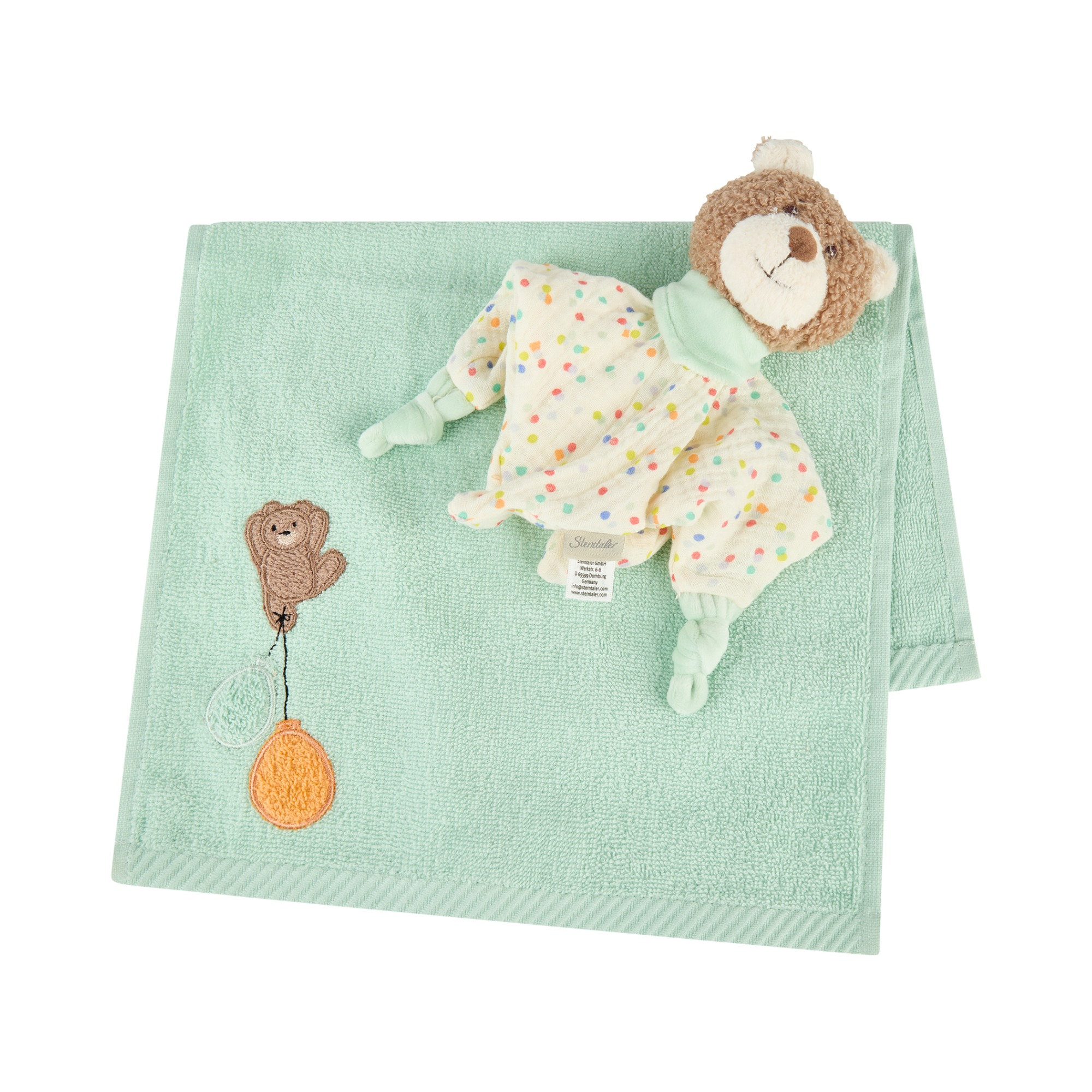 Geschenksets, Sterntaler, Grün – Besonderheit: besteht aus einem weichen saugfähigen Kinderhandtuch und einem süßen Schmusetuch