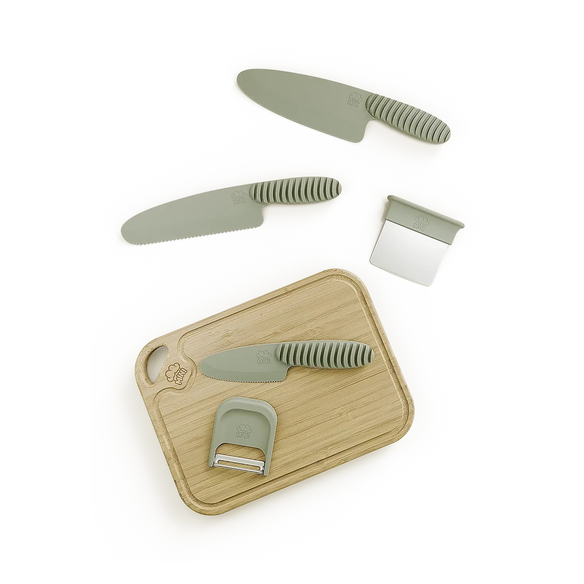 Kinderküche, MINI Family, Grün – Besonderheit: inklusive Kochmesser, Wellenschliffmesser, Gemüsemesser, Sparschäler, Hacker und Schneidebrett 