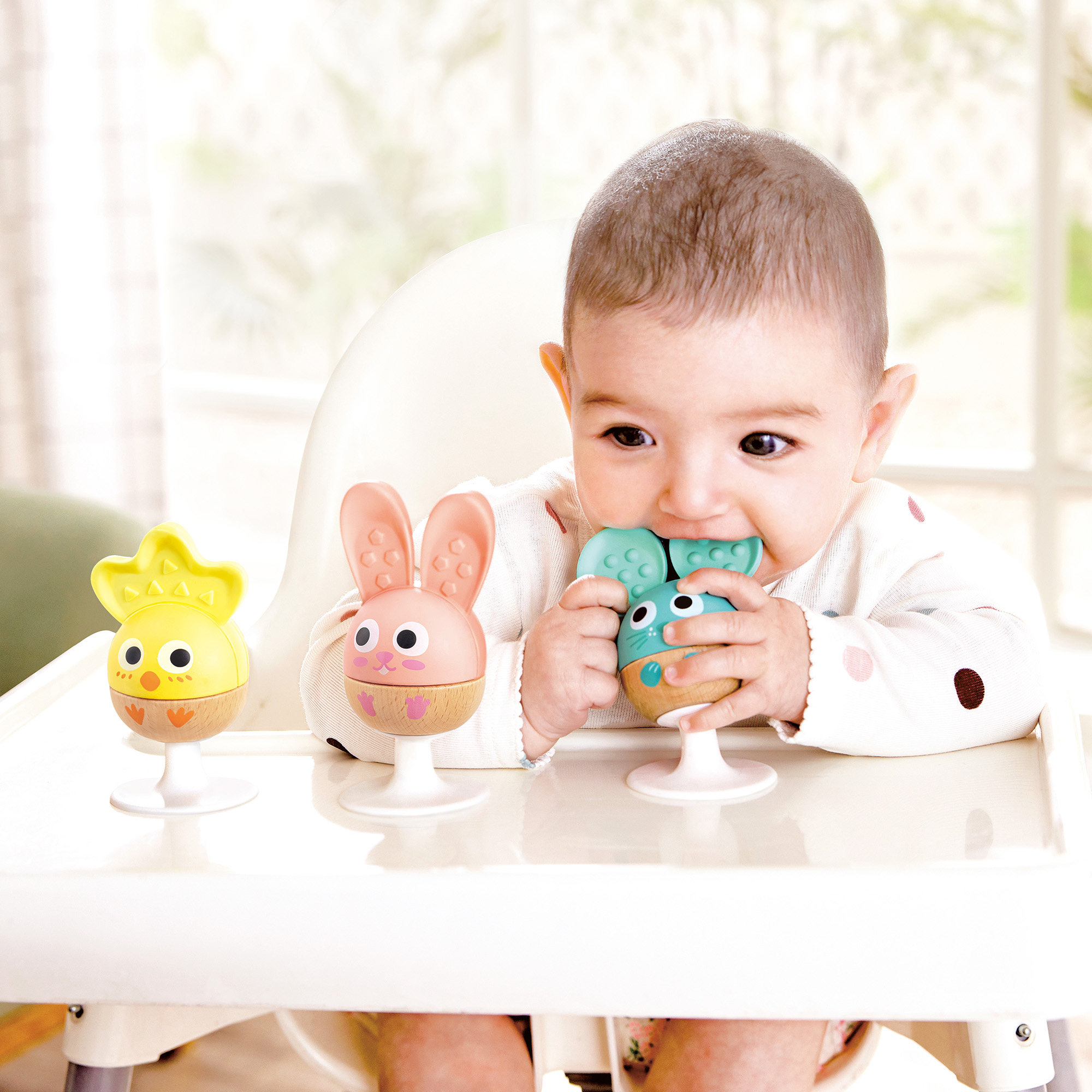 Rasseln & Greiflinge, Hape, Mehrfarbig – Besonderheit: 3 Rasseln in Form eines Hasen, eines Kükens und einer Maus
