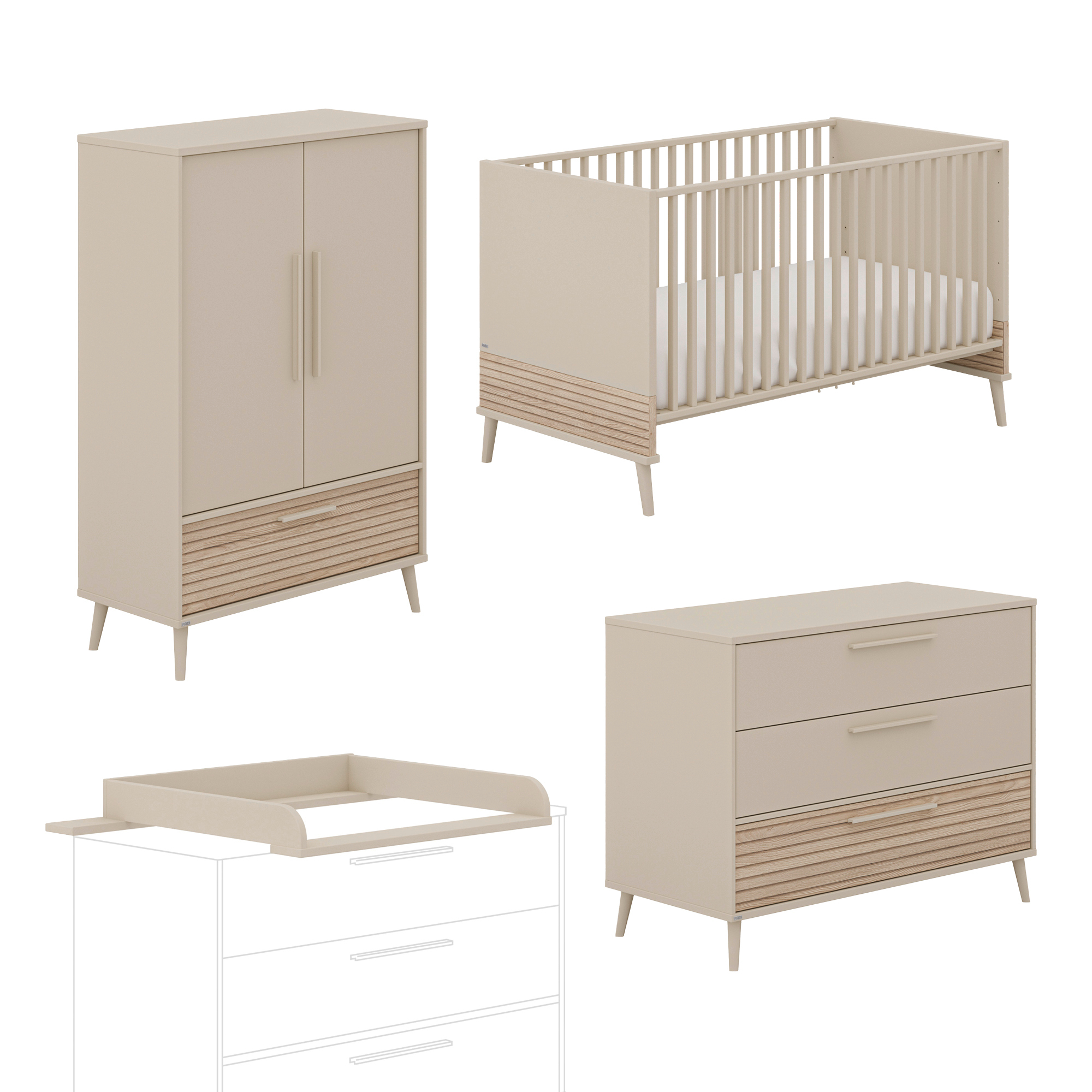 Babyzimmer Sets, PAIDI, Beige – Besonderheit: Set bestehend aus einem Babybett, einem 2-türigem Kleiderschrank, einer breiten Wickelkommode und einem passenden Wickelaufsatz