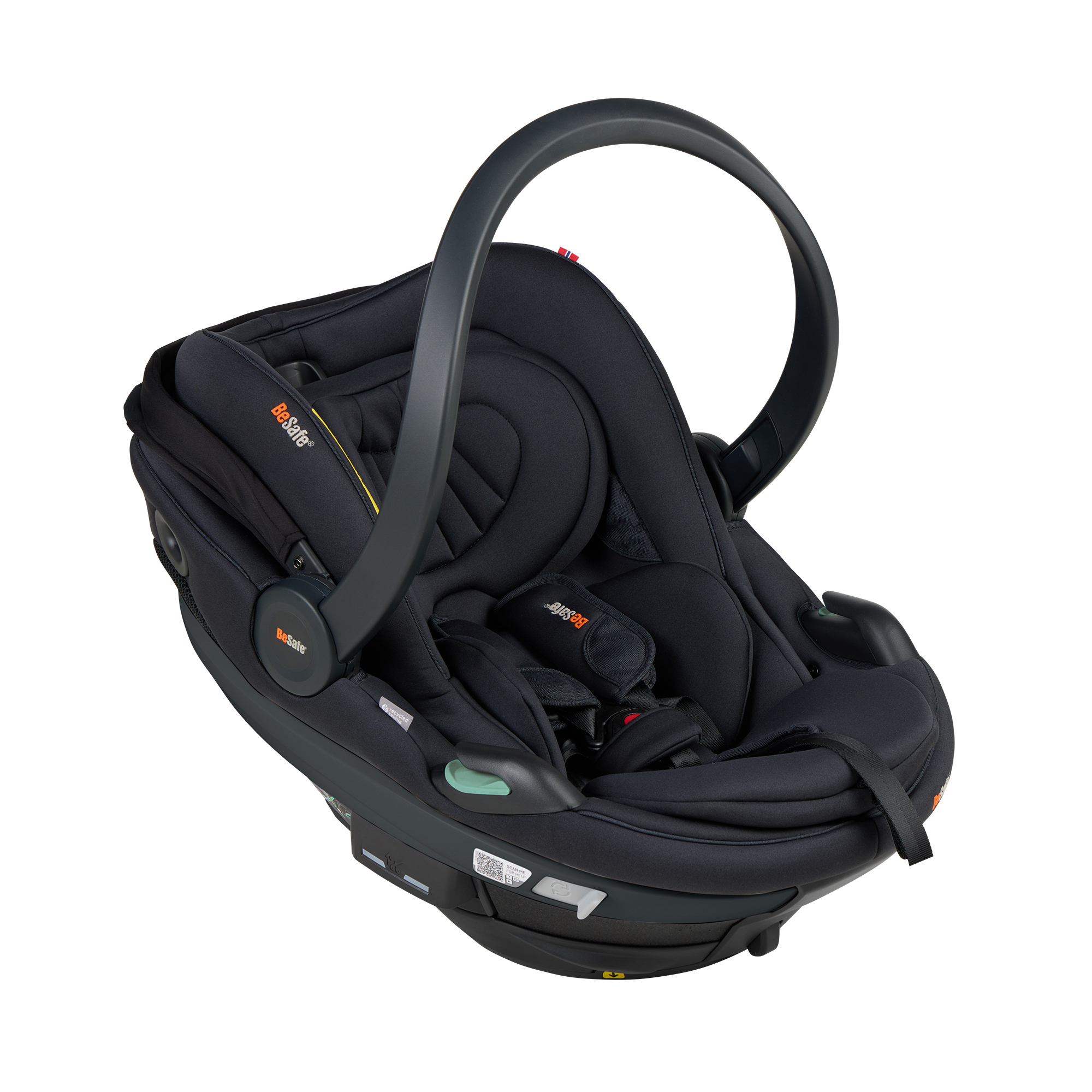 Babyschalen 0-13 kg, Gruppe 0+, BeSafe, Schwarz – Besonderheit: Active Lay Flat™-Funktion, Liegefunktion die sich bei einem Unfall automatisch in eine aufrechte Position bewegt