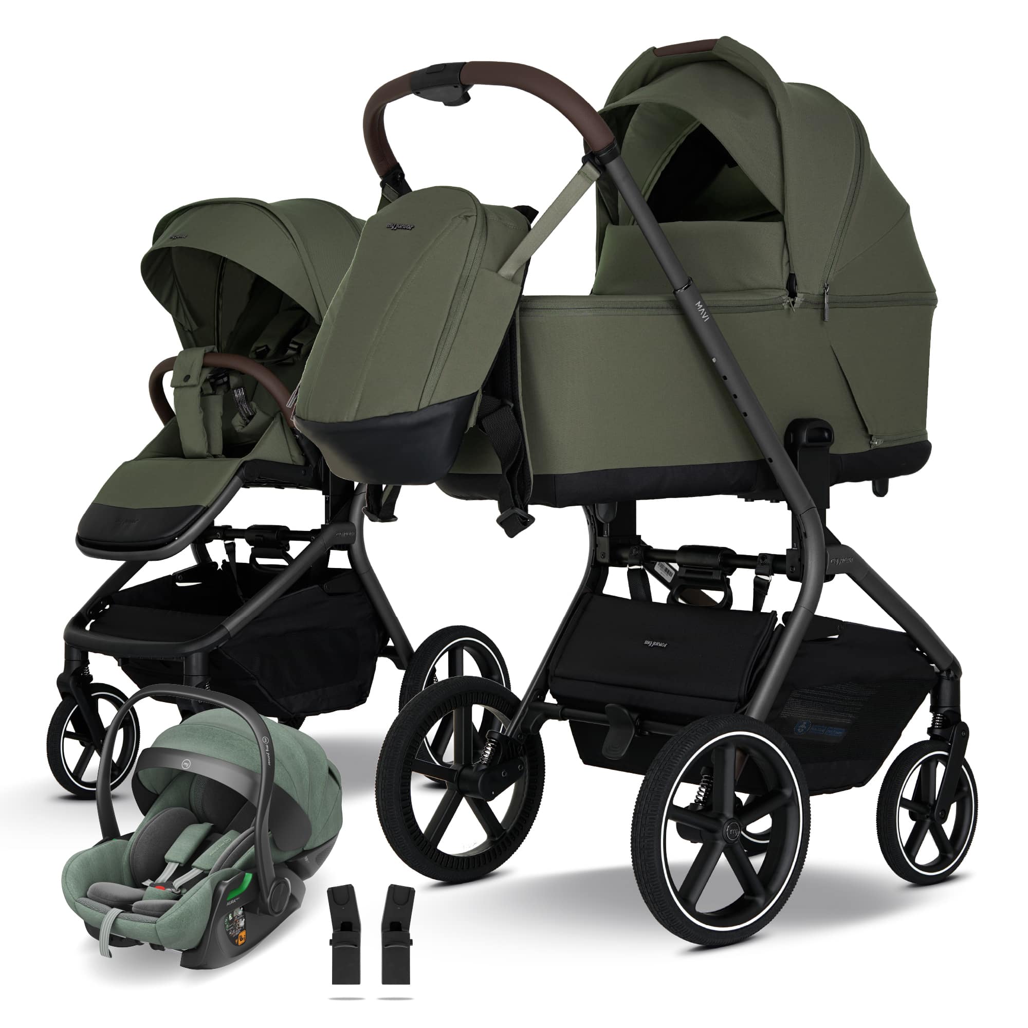My junior, Grün – Besonderheit: Set bestehend aus Kombi-Kinderwagen, Babyschale und passenden Adaptern