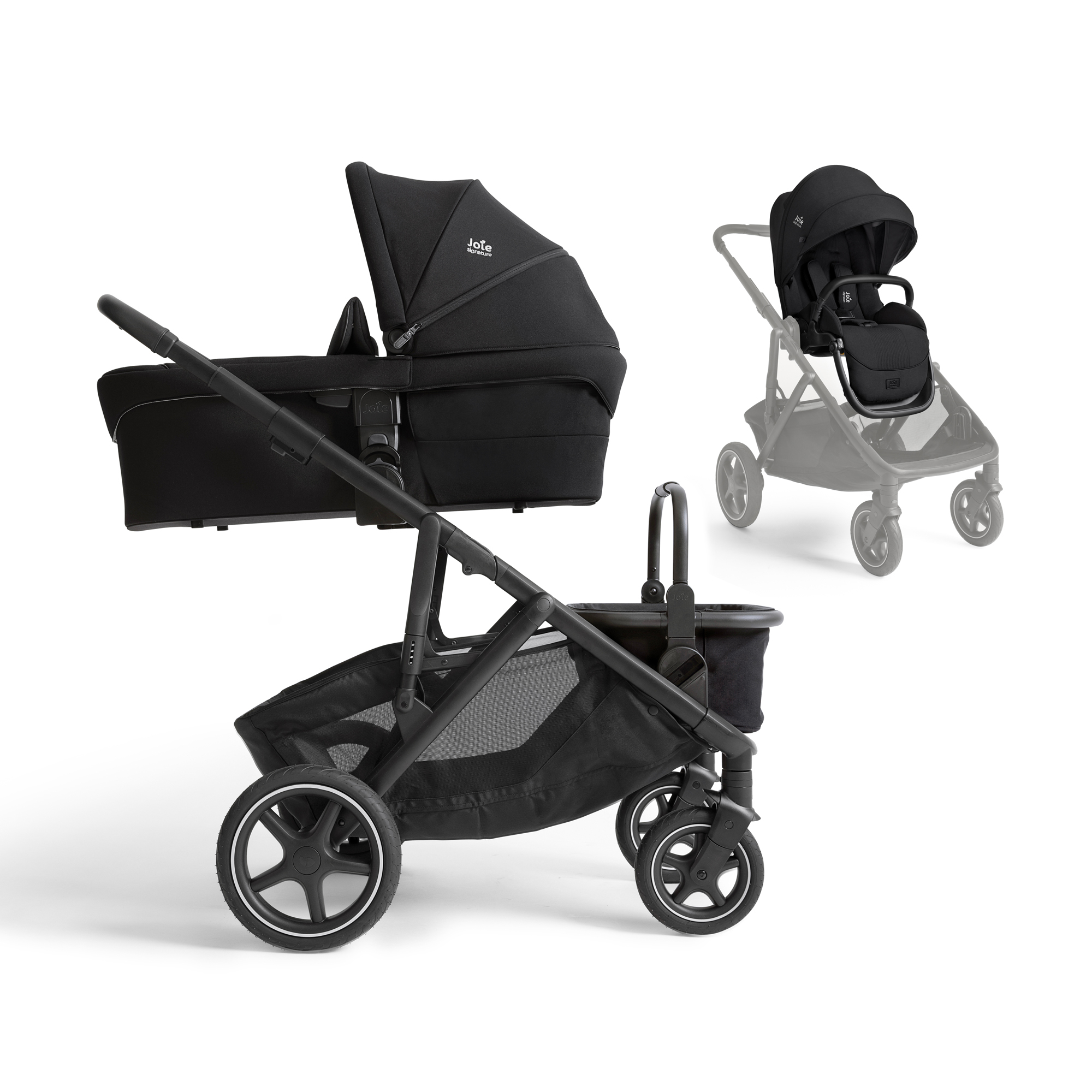 Kombi-Kinderwagen, Joie signature, Schwarz – Besonderheit: inkl. extragroßer Babywanne, wendbarem Sportsitz und Gurt- und Rückenpolstern