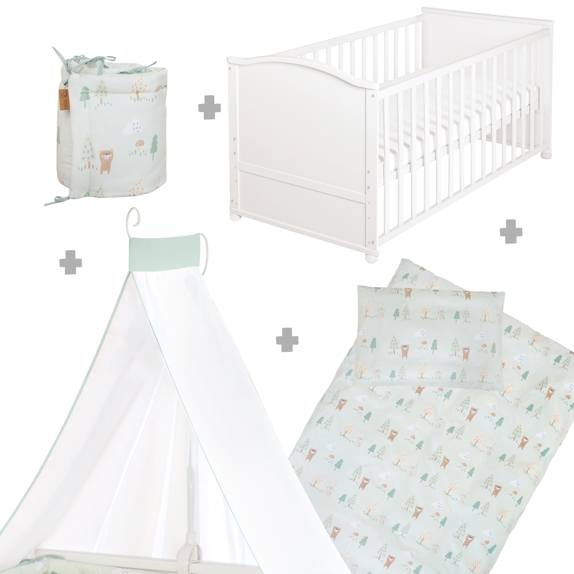 Gitterbetten, roba, Weiß – Besonderheit: Babybett inklusive Himmelstange, Matratze, Bettwäsche mit Nestchen und Umbauecken