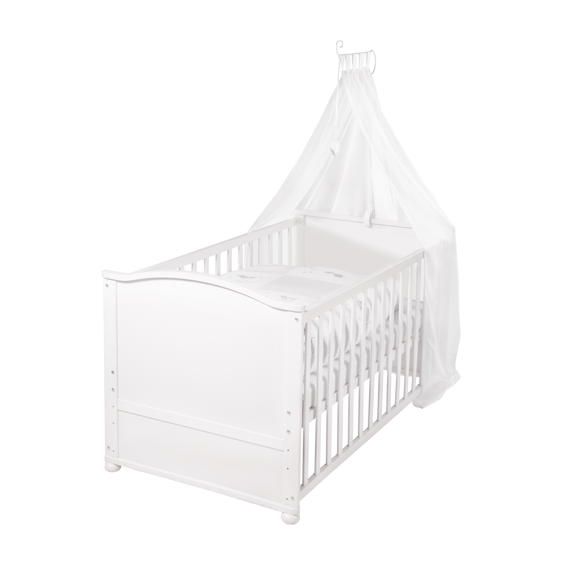 Gitterbetten, roba, Weiß – Besonderheit: Babybett inklusive Himmelstange, antiallergischer Matratze, Bettwäsche mit Nestchen und Umbauecken