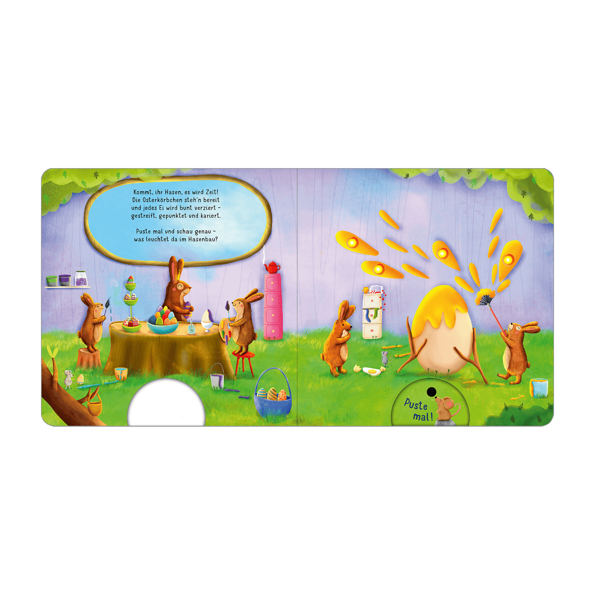 Bilderbücher, arsEdition – Besonderheit: durch Pusten auf den integrierten Sensor beginnen auf jeder Seite 4 LED-Lichter zu leuchten