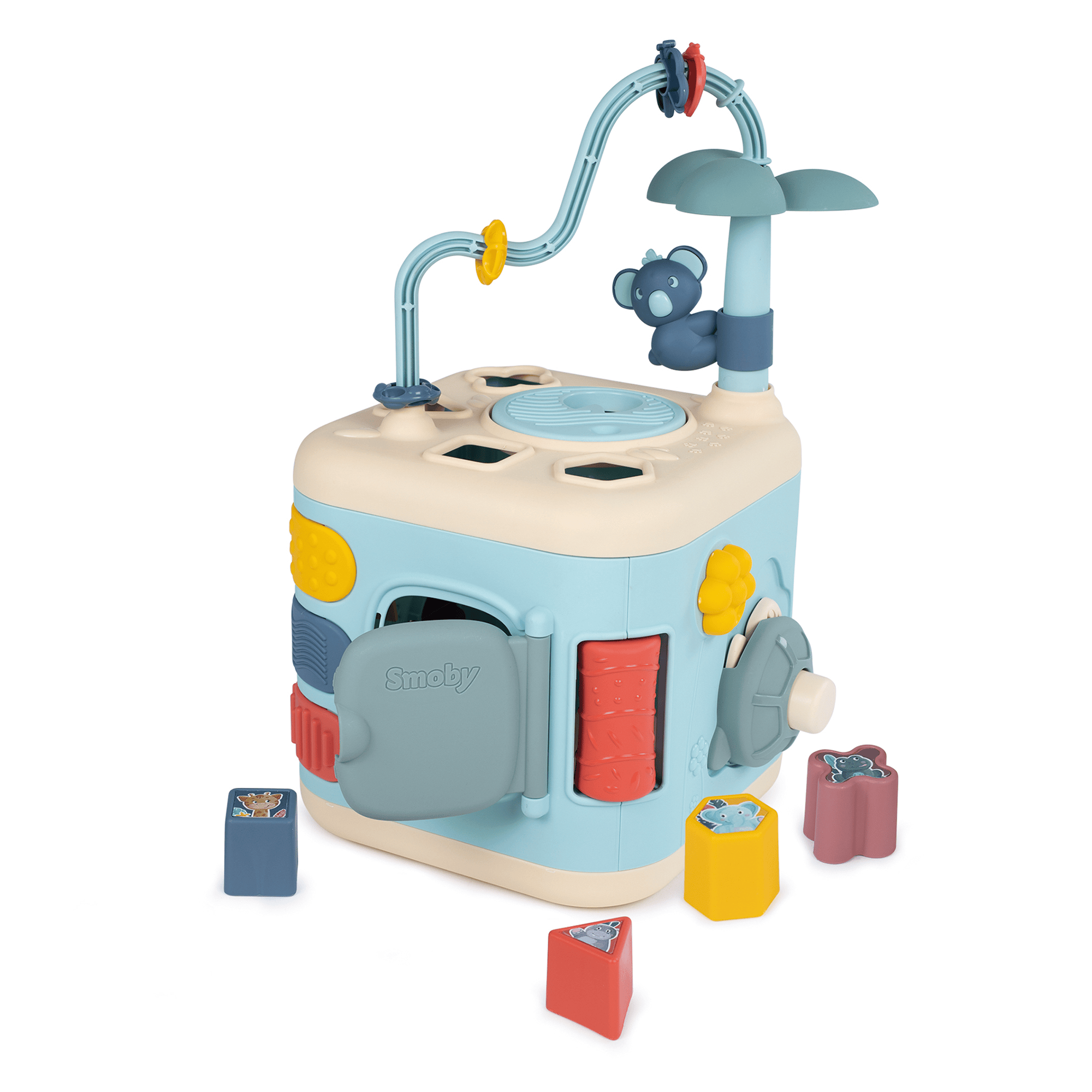 Motorikwürfel, Smoby, Blau – Besonderheit: mit Motorikschleife, Zahnrädern, Steckspiel und Drehelementen