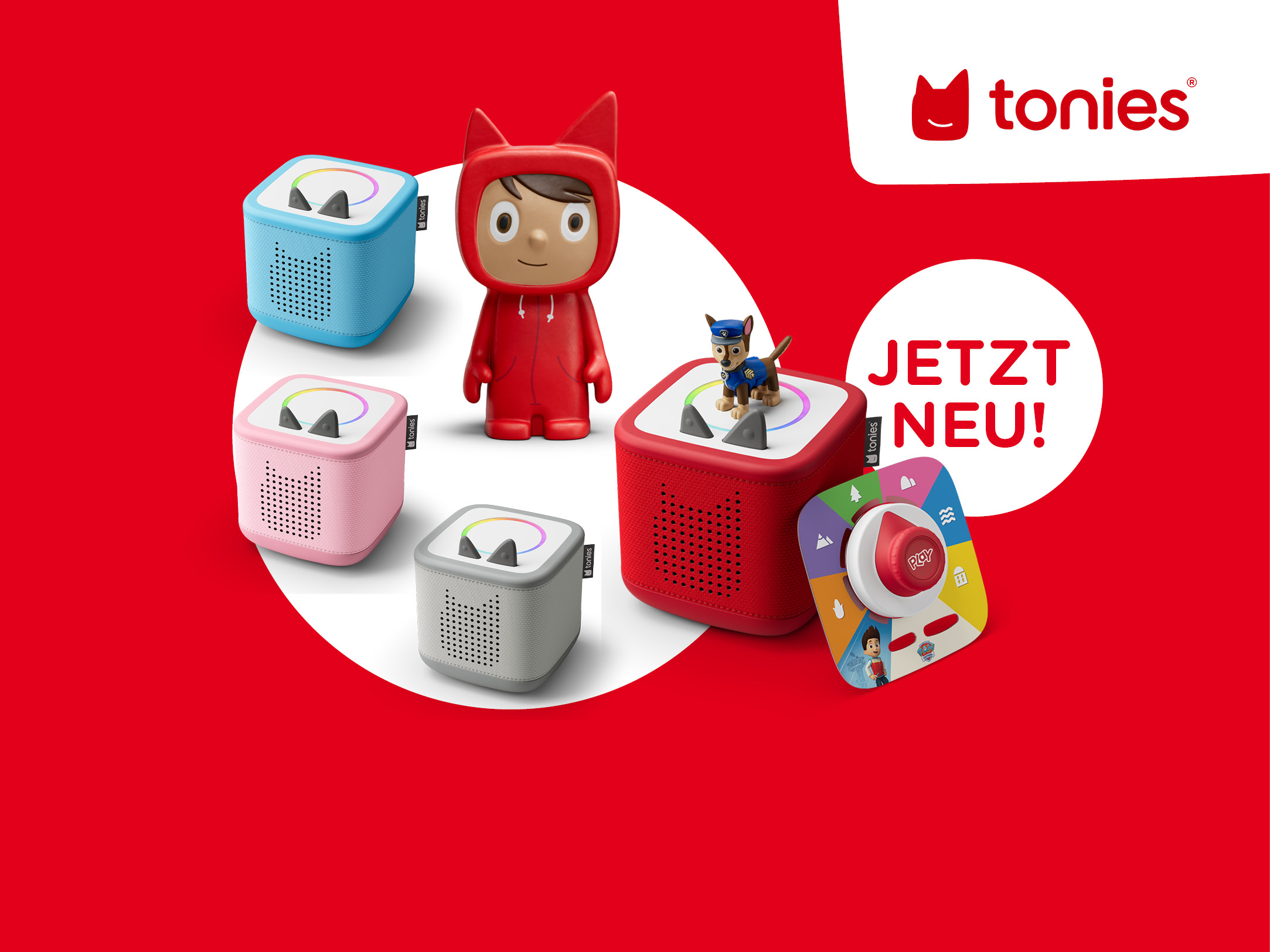 Es sind 4 verschiedenfarbige Tonieboxen der neuen Generation abgebildet und eine Toniefigur. Bubble mit Text "Jetzt neu" daneben. 