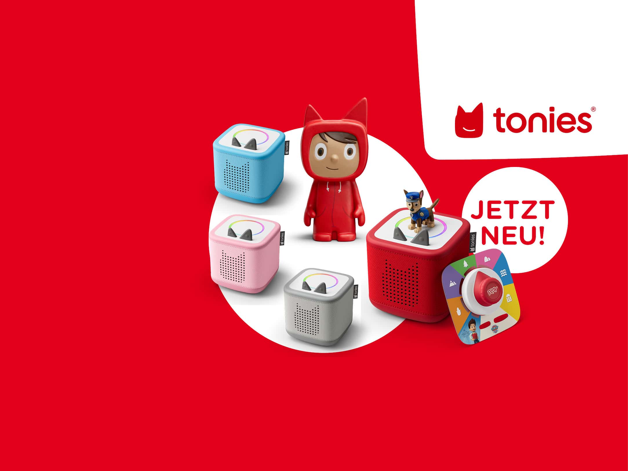 Es sind 4 verschiedenfarbige Tonieboxen der neuen Generation abgebildet und eine Toniefigur. Bubble mit Text "Jetzt neu" daneben. 