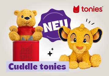 NEU: Cuddle Tonies. Winnie Puh auf einer roten Tonie Box und Simba der Löwe sitzt daneben.