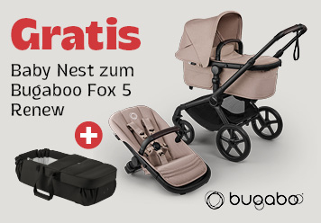 Gratis Babynest zum bugaboo Fox 5. Kindewagen + Babynest in beige abgebildet.