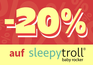 20% auf Sleeyptroll baby rocker. Rot gelber Hintergrund.