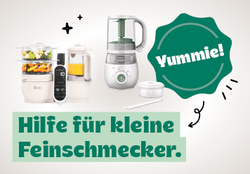 Grüne Schrift: Yummie! Hilfe für kleine Feinschmecker. Nahrungszubereiter abgebildet.