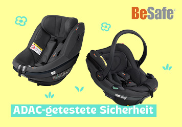 BeSafe: ADAC getestete Sicherheit. Zwei Babyschalen auf gelben Hintergrund.