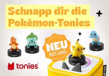 NEU bei uns: Schnapp dir die Pokèmon-Tonies. Gelbe Box mit Figuren abgebildet.